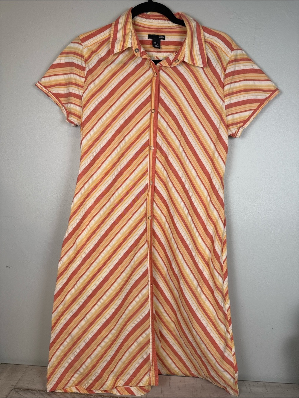 🍊H&M Creamsicle Orange White Chevron Striped Shirt Dress Button Front Size 14